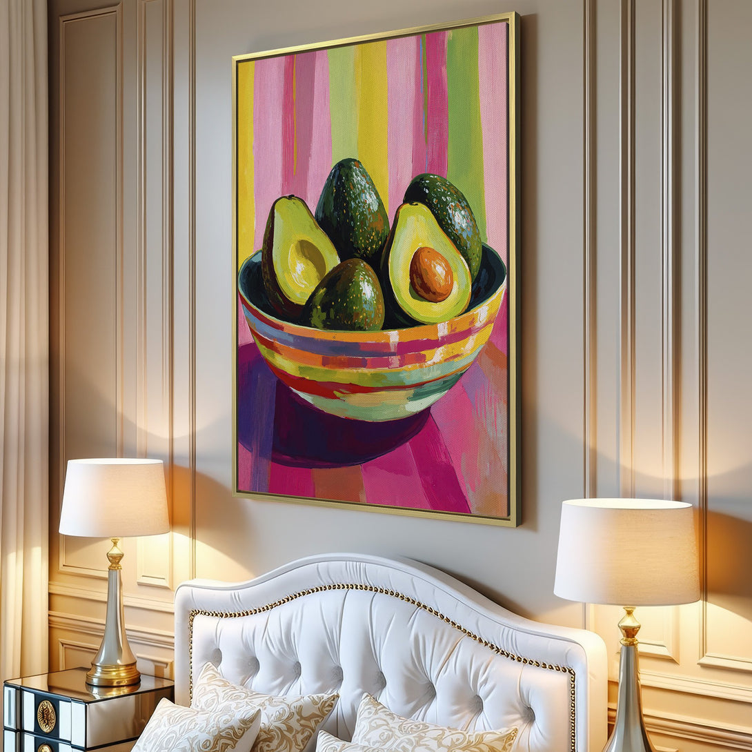 Canvas Print of avocados in a bowl, vibrant and colorful. Modern art with a pink, yellow, and green palette, perfect for kitchen decor.
