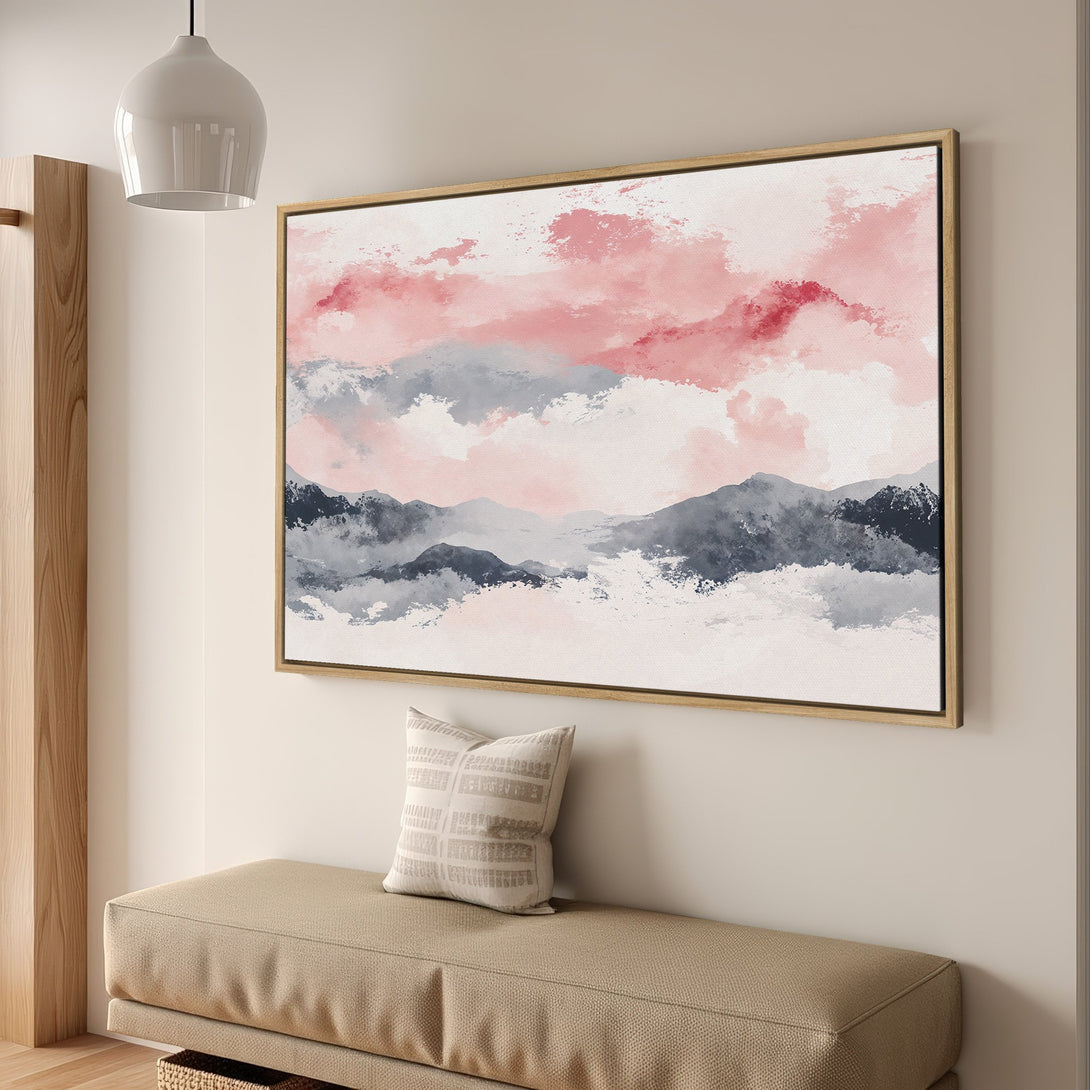 Framed Wall Art Canvas Print featuring an abstract mountain landscape in pink, gray, and white. Modern art for home decor.