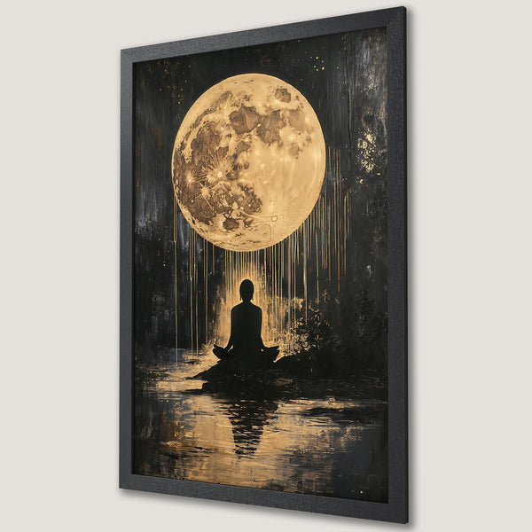 Framed Poster: Meditative art featuring a silhouetted figure under a moon. Dark, moody style with gold and black color palette. Perfect for home decor.