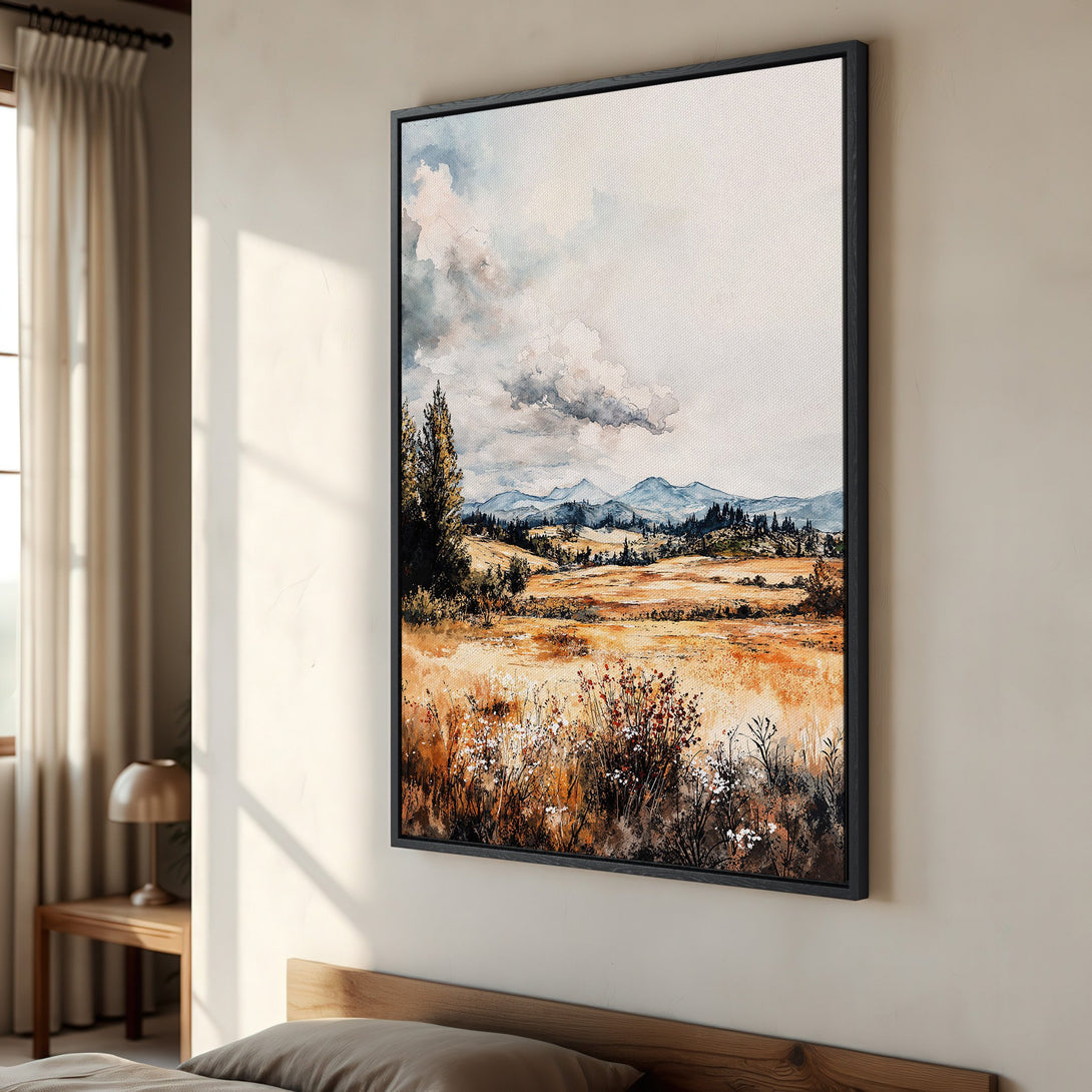 Framed Wall Art: Watercolor landscape Canvas Print in warm earth tones. Perfect for adding a touch of nature-inspired art to your home decor.
