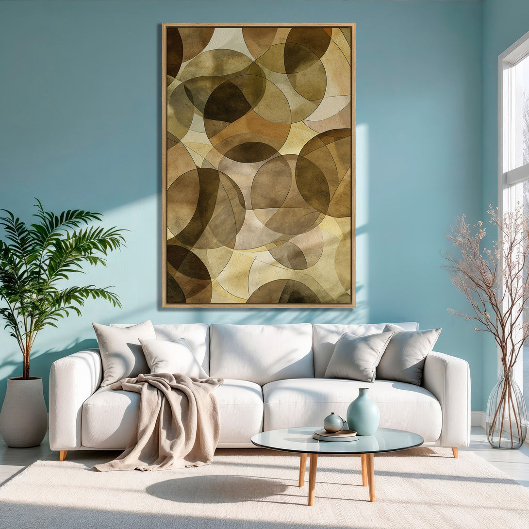 Framed Wall Art featuring an abstract geometric design in warm earth tones. Perfect for adding a touch of modern art to your living room.