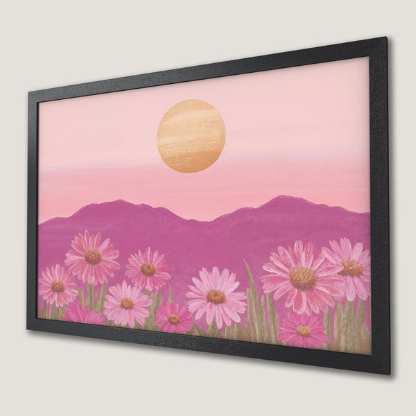 Framed Poster featuring a floral landscape with pink hues and a warm sun. Perfect art for your home!