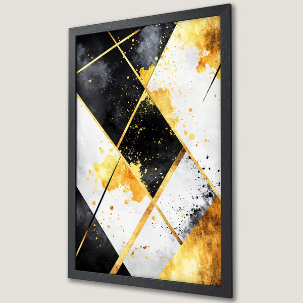 Framed Poster featuring abstract geometric design in black, white, and gold. Modern art print for home decor.