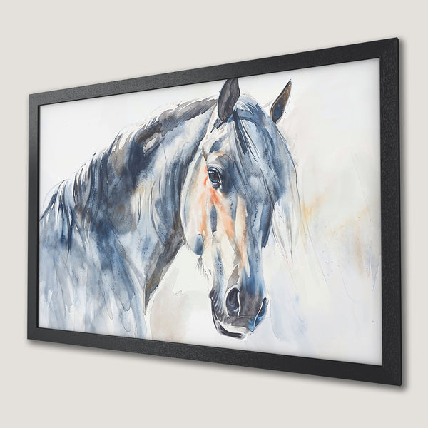 Framed Poster of a watercolor horse. Blue, gray, and peach tones in a stunning art print.