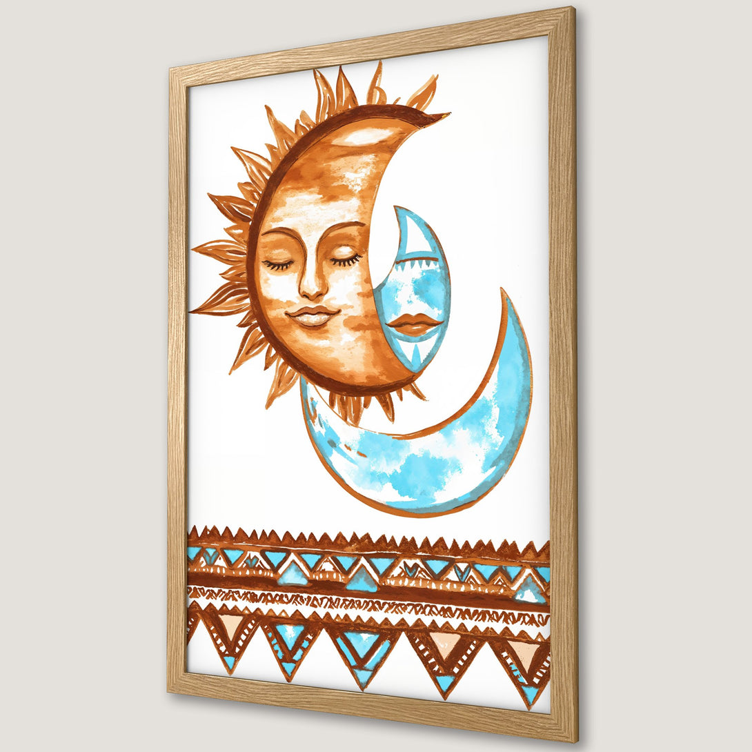 Framed Poster featuring a watercolor sun and moon design in warm brown and blue tones. Bohemian style art print for home decor.