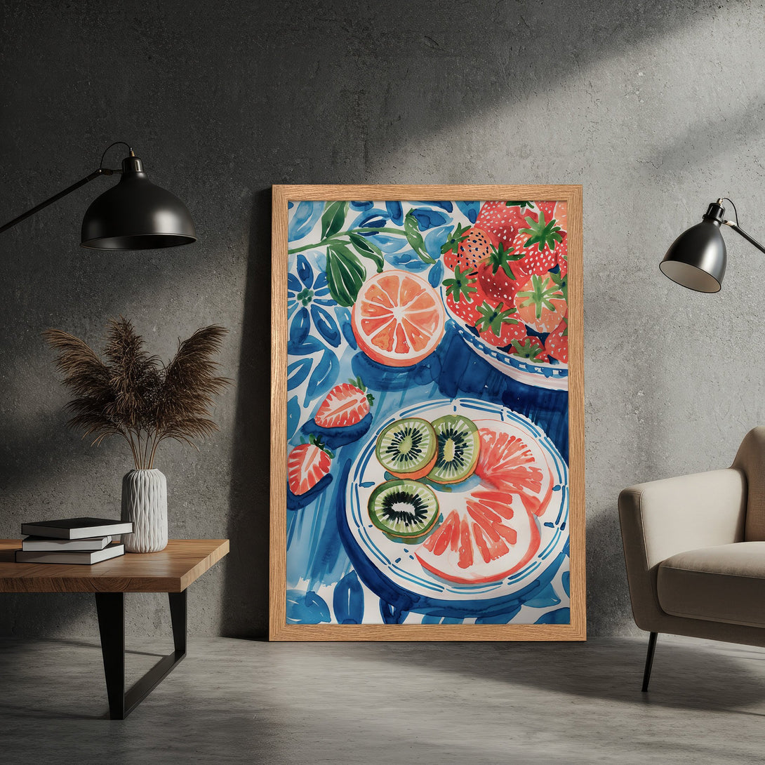Framed Poster featuring a watercolor still life of fruit in a vibrant blue, green, and orange color palette. Perfect wall art!