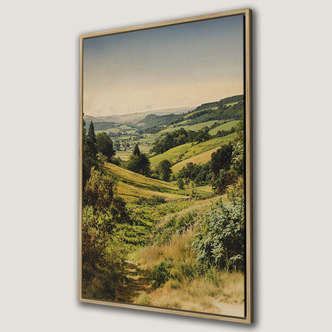 Framed Wall Art featuring a serene landscape painting with rolling green hills and a path. Warm, earthy color palette perfect for adding a touch of nature to any space.