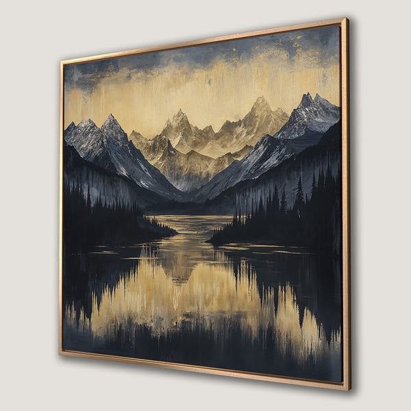 Framed Wall Art featuring a stunning mountain landscape in a gold, black, and gray color palette. Perfect for adding a touch of nature-inspired elegance to your home.