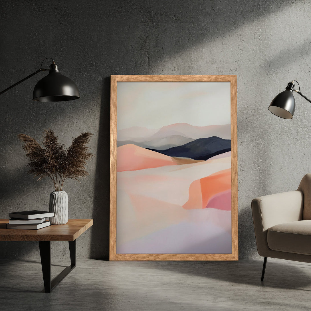Framed Poster featuring an abstract landscape in a soft, pastel color palette. Perfect art for modern home decor.