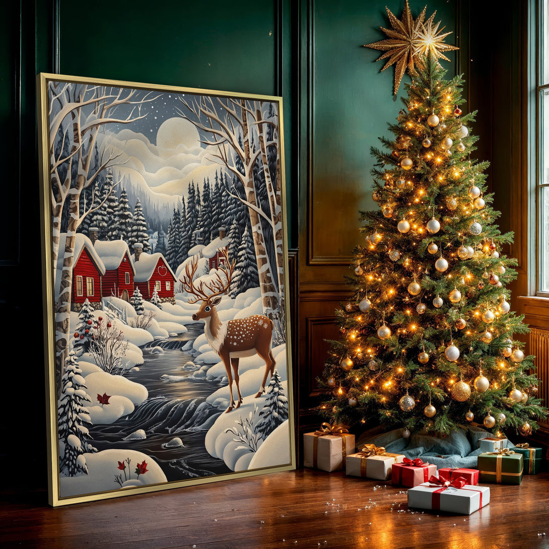 Canvas Print of a winter landscape with red cabins, deer, and snowy forest. Perfect for holiday decor. Features a cool, muted color palette.