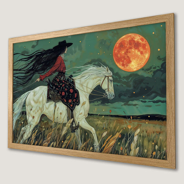 Framed Poster of a woman riding a white horse under a red moon, in a whimsical, vintage style with a teal and orange palette.