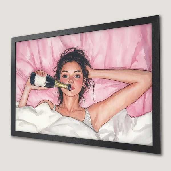 Framed Poster: Watercolor woman with champagne in bed, pink & white palette, perfect wall art.