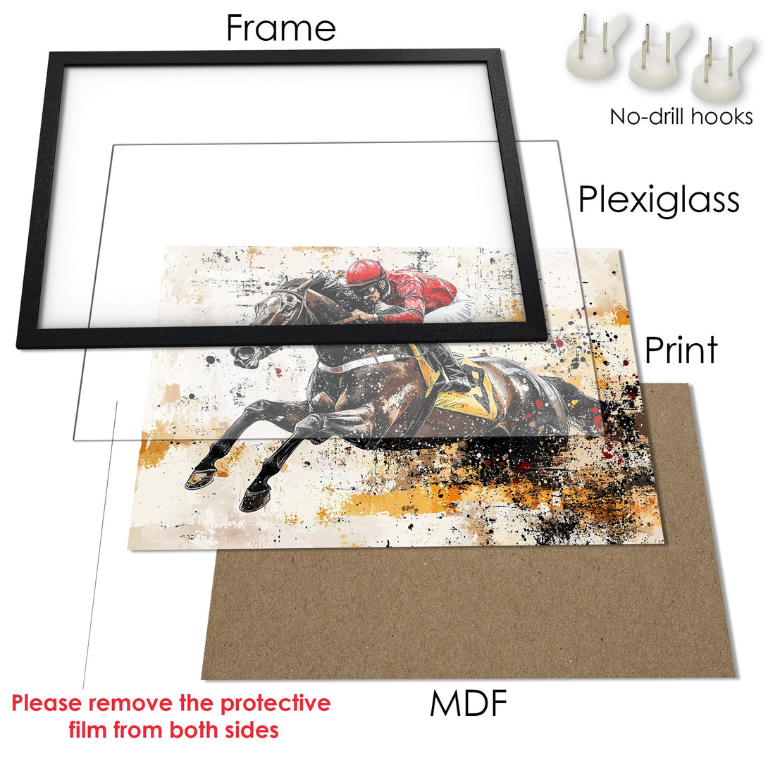 Framed Poster of a horse race, artistic style with a warm color palette. Perfect wall art for your home!
