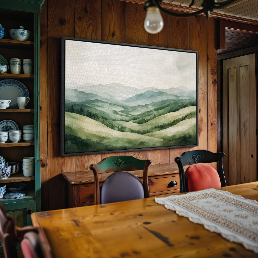 Framed Wall Art: Watercolor landscape Canvas Print in green and neutral tones, perfect for adding a touch of nature to your home decor.