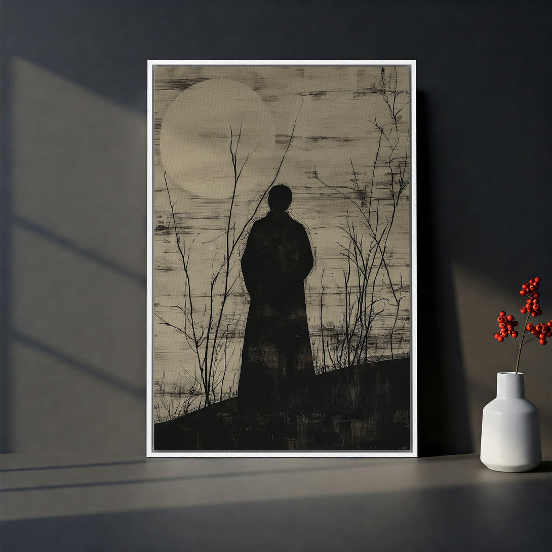 Framed Wall Art: Silhouette of a person in a field, monochromatic black and beige. Modern abstract art canvas print for stylish home decor.