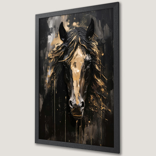 Framed Poster featuring a majestic horse head in a modern, abstract style with a black and gold color palette. Perfect wall art!