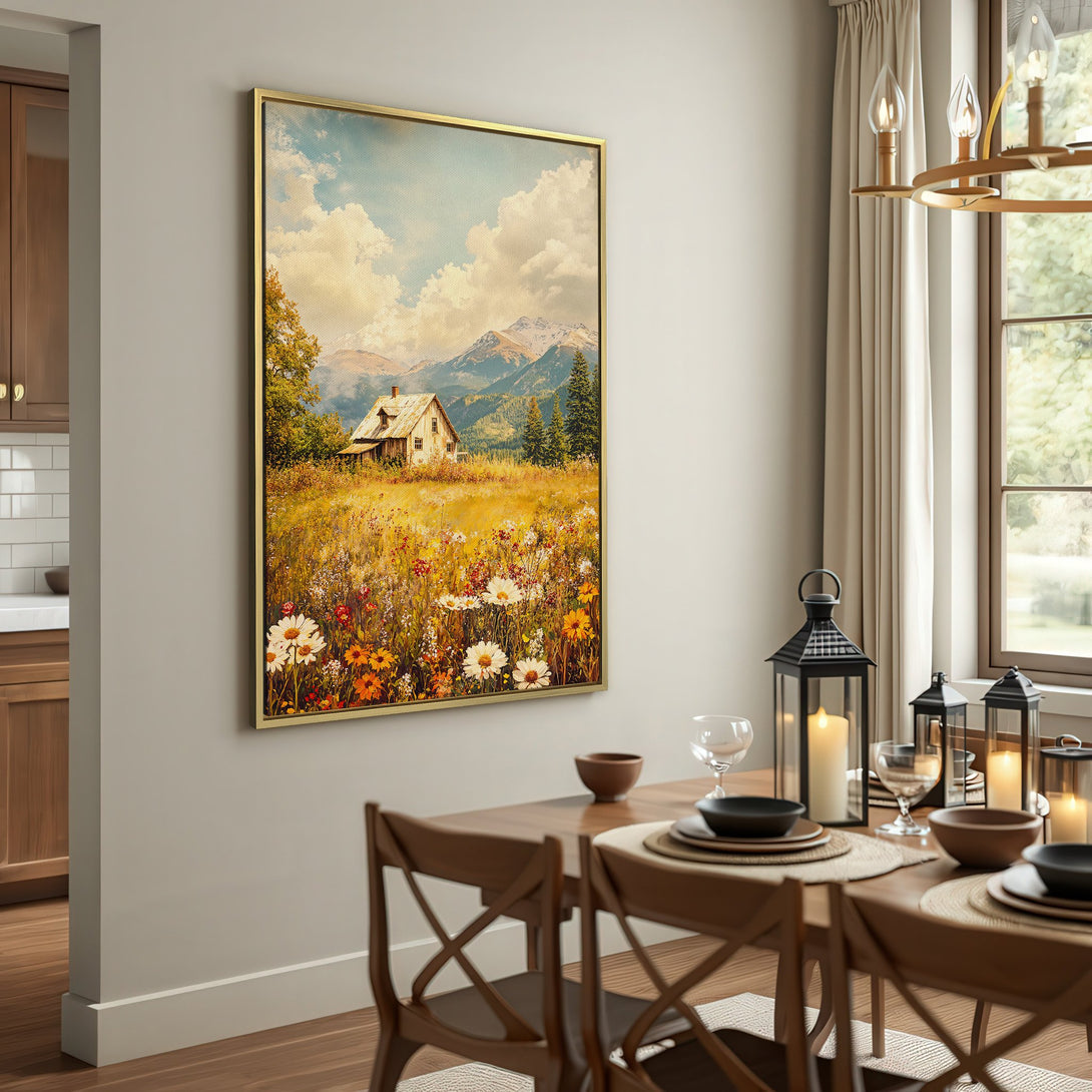Canvas Print of a rustic cabin in a field, warm color palette. Perfect for farmhouse decor.
