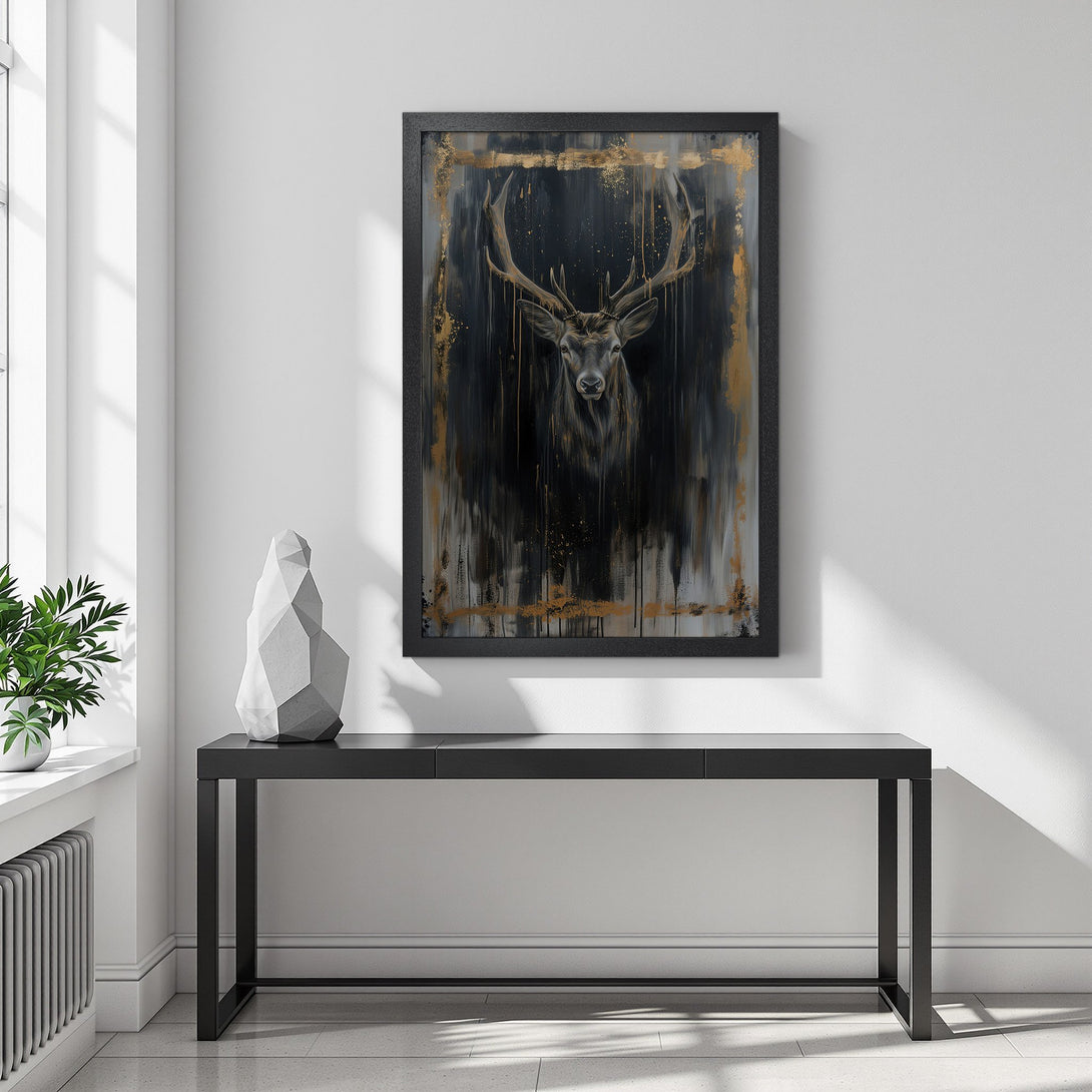 Framed Poster featuring a majestic stag in a dark, abstract style with gold accents. Modern art print with a dramatic black and gold color palette.