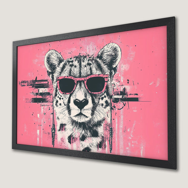Framed Poster featuring a cool cheetah with sunglasses, pop art style, pink and black color palette. Shop now!
