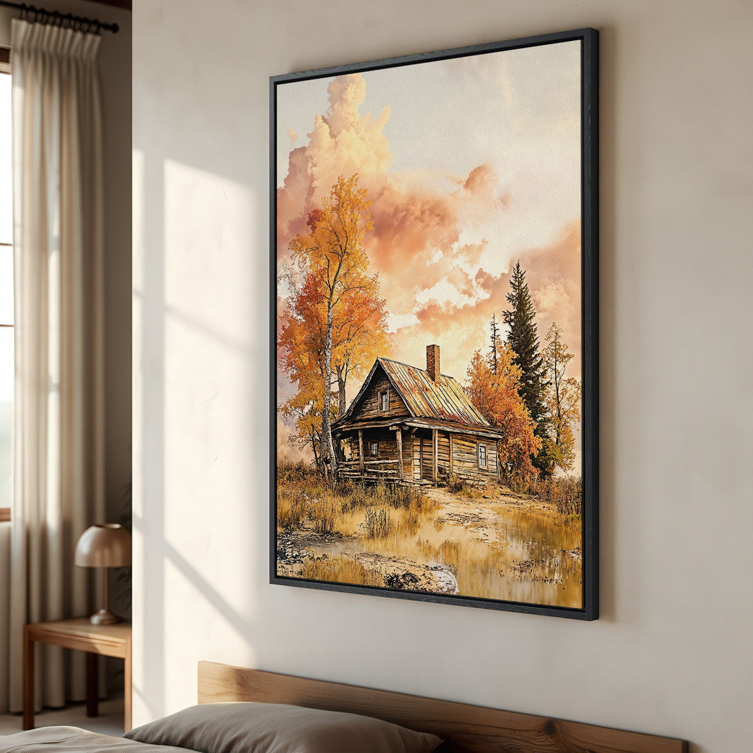 Framed Wall Art: Rustic cabin landscape in warm autumn colors. Perfect for adding cozy charm to your home decor.