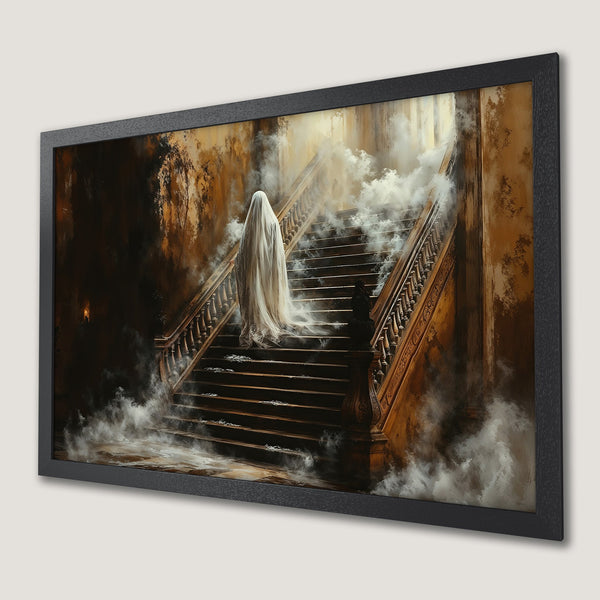 Framed Poster: Spooky ghost on grand staircase art print. Gothic style, warm brown and beige tones, perfect for Halloween decor.