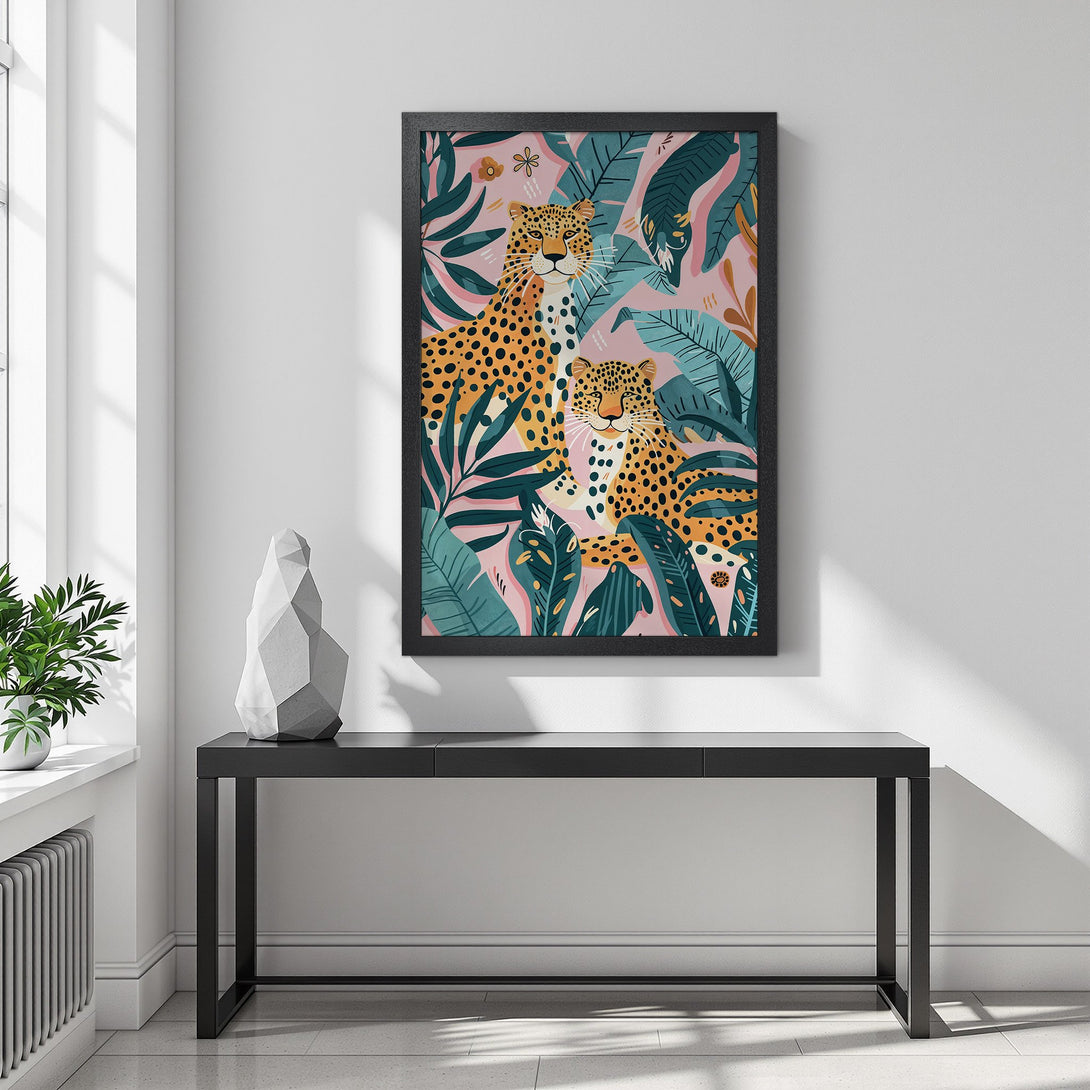 Framed Poster featuring leopards in a jungle scene. Modern, colorful art with pink, teal, and gold tones. Add a touch of wild to your decor!