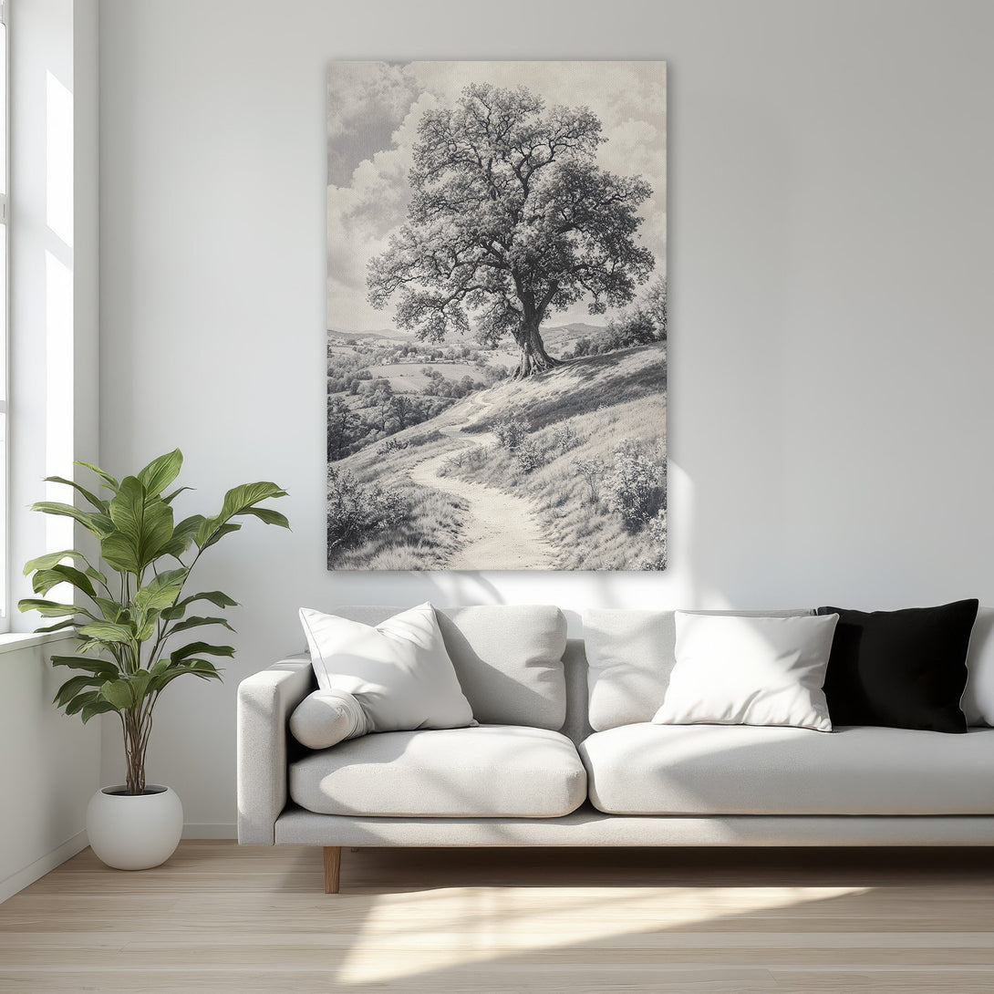 Framed Wall Art: Black and white landscape Canvas Print of a tree on a hill. Elegant, classic style with neutral color palette. Perfect bedroom decor.