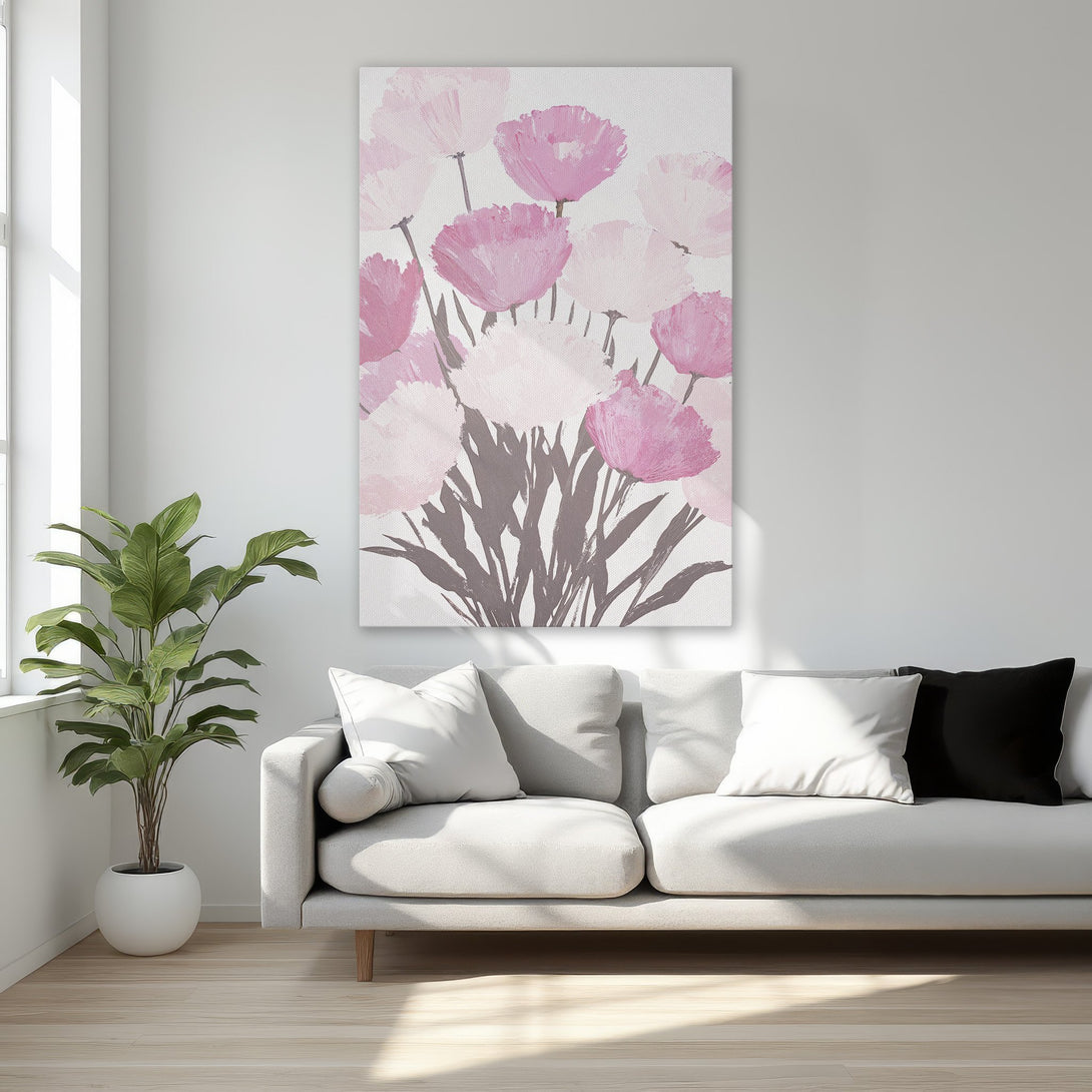 Framed Wall Art: Pink floral abstract Canvas Print, perfect for bedroom decor. Soft pinks and whites create a calming atmosphere. Add art to your space today!