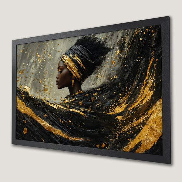 Framed Poster: Elegant African woman art print in black, gold, and gray. Modern wall decor.