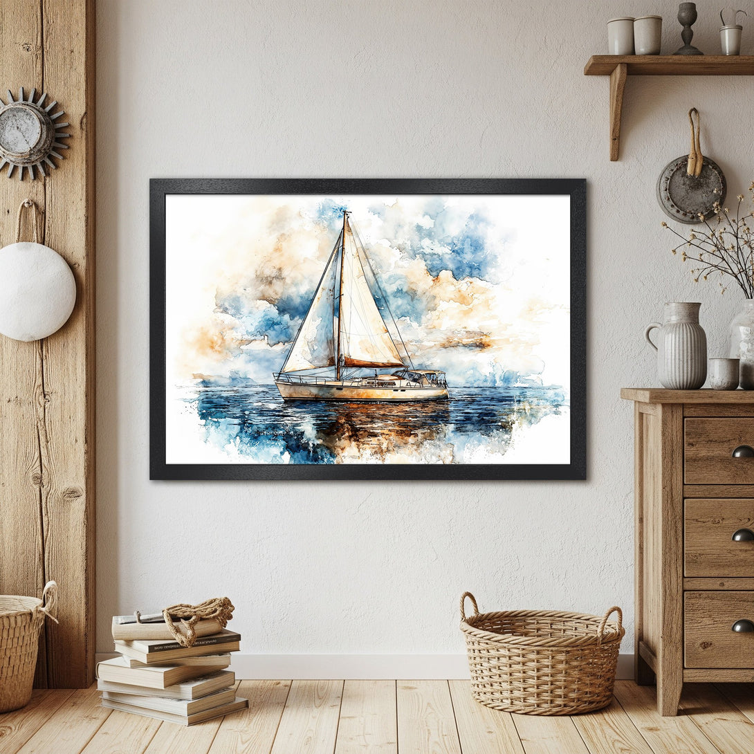 Framed Poster of a sailboat in watercolor style, featuring blue, beige, and white hues. Perfect nautical decor!