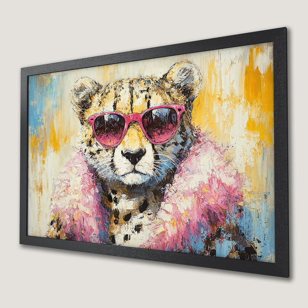Framed Poster: Cheetah in sunglasses, abstract style, vibrant pink & yellow color palette. Perfect wall art.