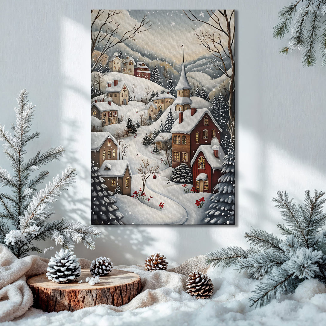 Framed Wall Art: Winter village scene in a cozy interior. Charming art with a warm, neutral palette. Perfect for holiday decor!