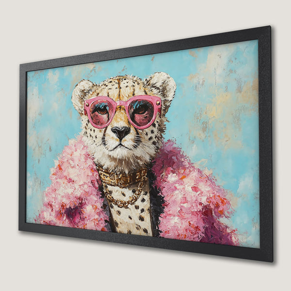 Framed Poster of a stylish cheetah in pink, blue, and gold. Modern art print for your wall!