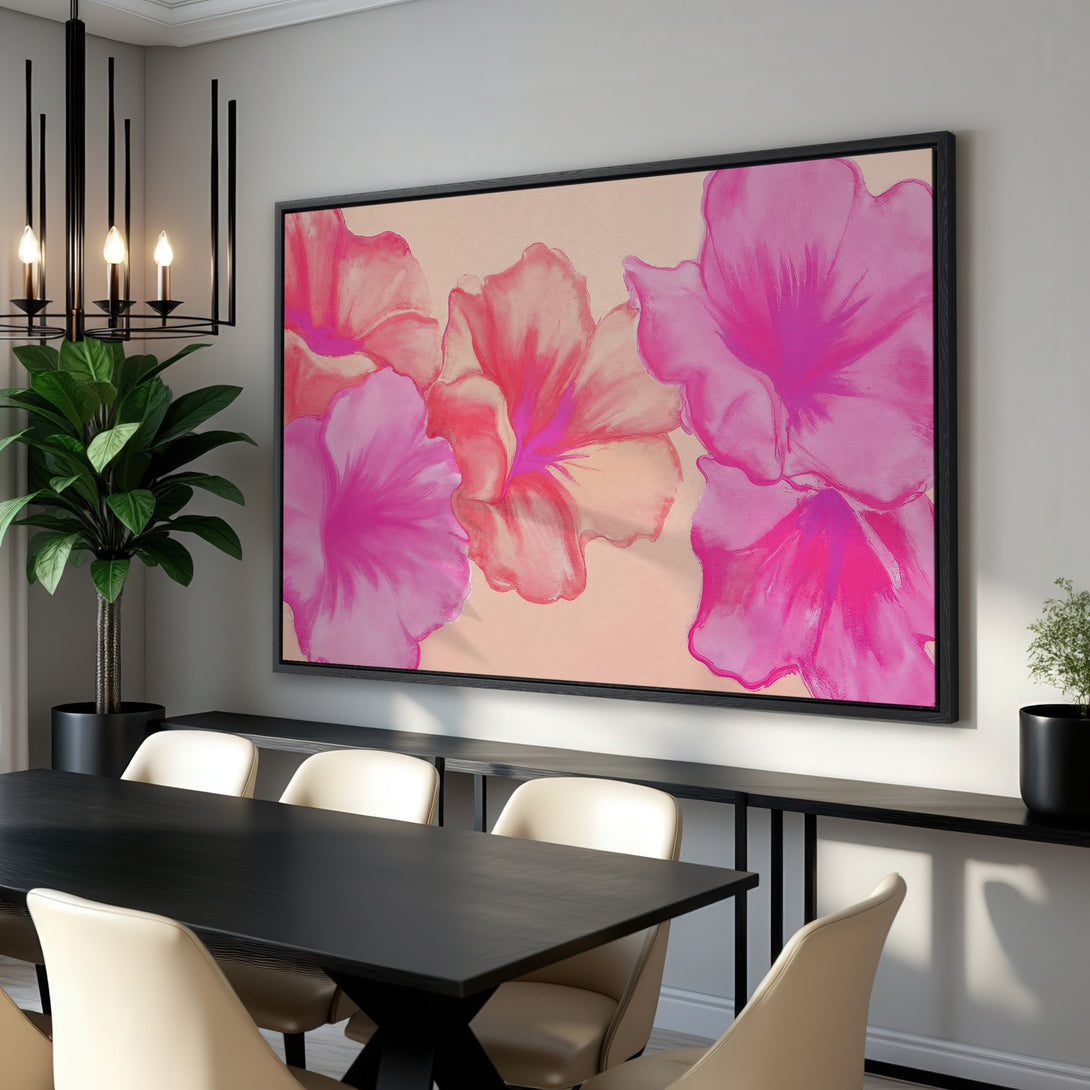 Framed Wall Art featuring vibrant pink floral art. Modern abstract style with a warm, inviting color palette. Perfect for adding a pop of color to any space.