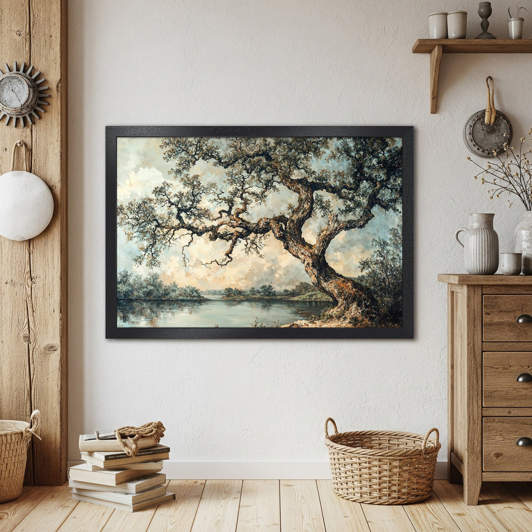 Framed Poster of a majestic tree by a lake, in a vintage style with a muted, earthy color palette.