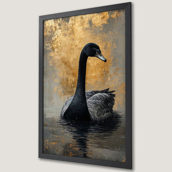 Framed Poster featuring a black swan in an abstract style. Gold and neutral color palette, perfect wall art for your home.