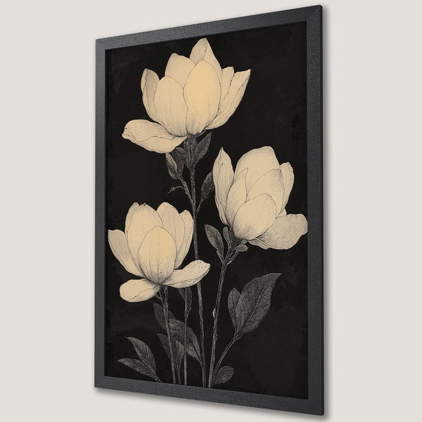 Framed Poster featuring elegant floral art in a minimalist style with a black and cream color palette, perfect for home decor.
