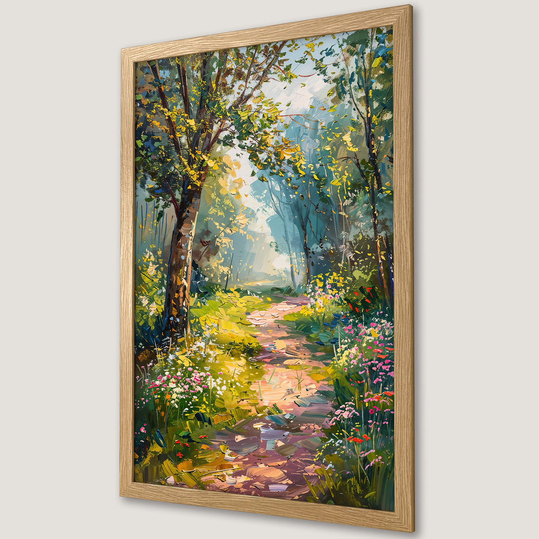 Framed Poster of a vibrant forest path in impressionist style with a warm, natural color palette. Perfect for home decor.