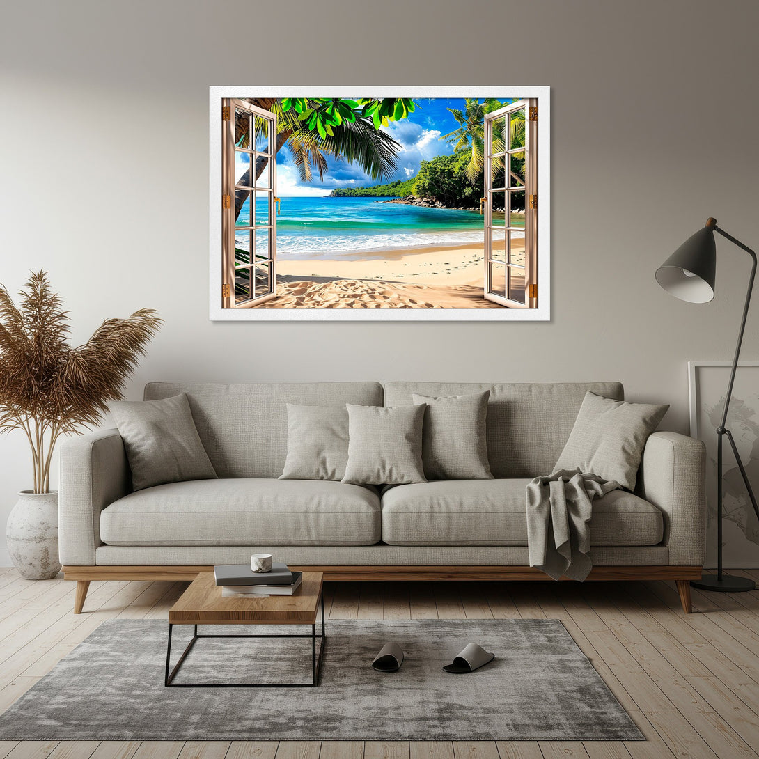 Framed Poster of a tropical beach scene, vibrant blues and greens. Coastal style art for your home.
