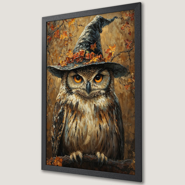Framed Poster of an owl wearing a witch hat, painted in a textured style with a warm brown and orange color palette. Perfect Halloween decor!