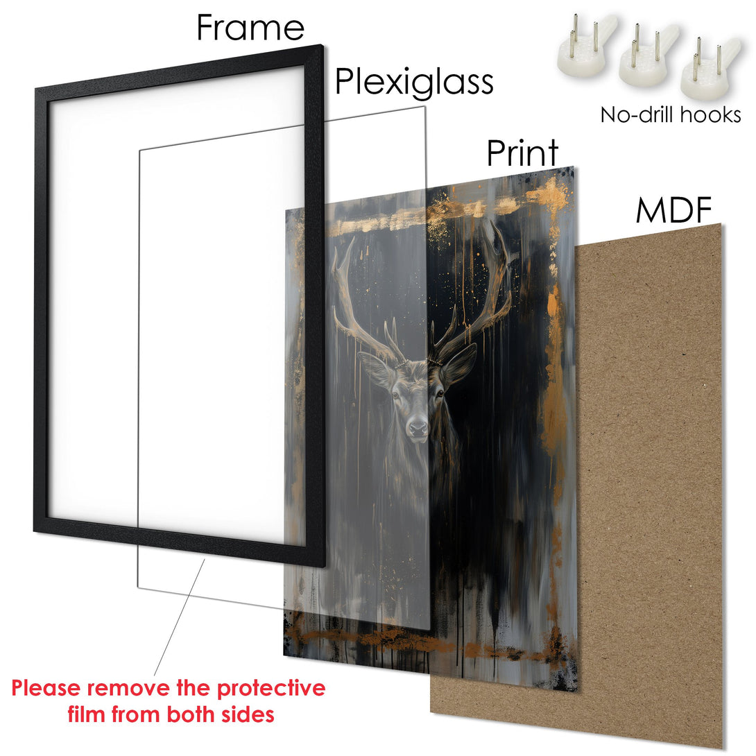 Framed Poster featuring a majestic deer in a dark, abstract style with a gold and gray color palette. Elevate your space with art!