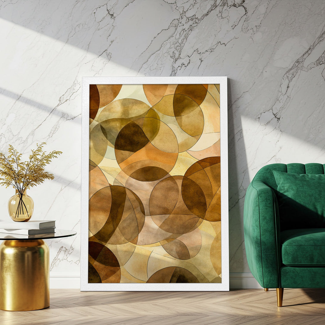 Framed Poster featuring abstract geometric art in warm earth tones. Perfect for modern home decor.