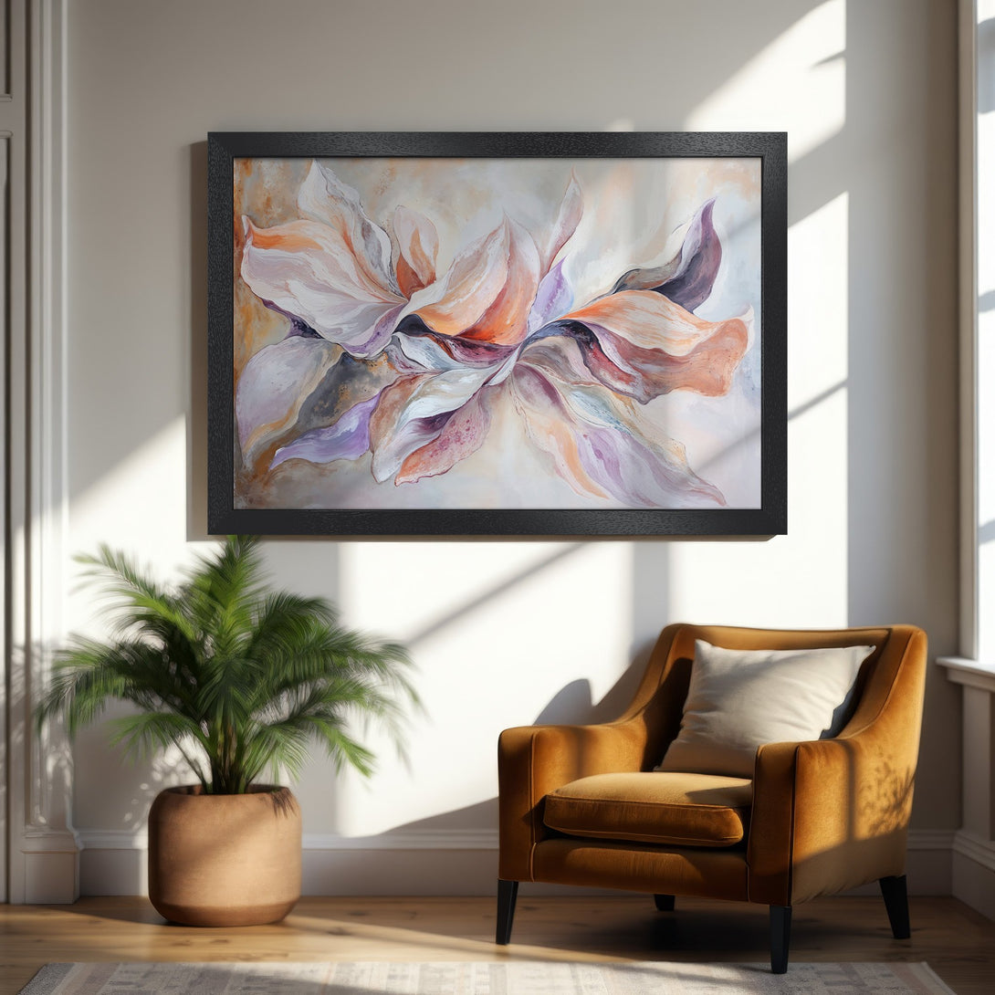 Framed Poster featuring an abstract floral design in soft pastel colors. Perfect wall art for modern home decor.