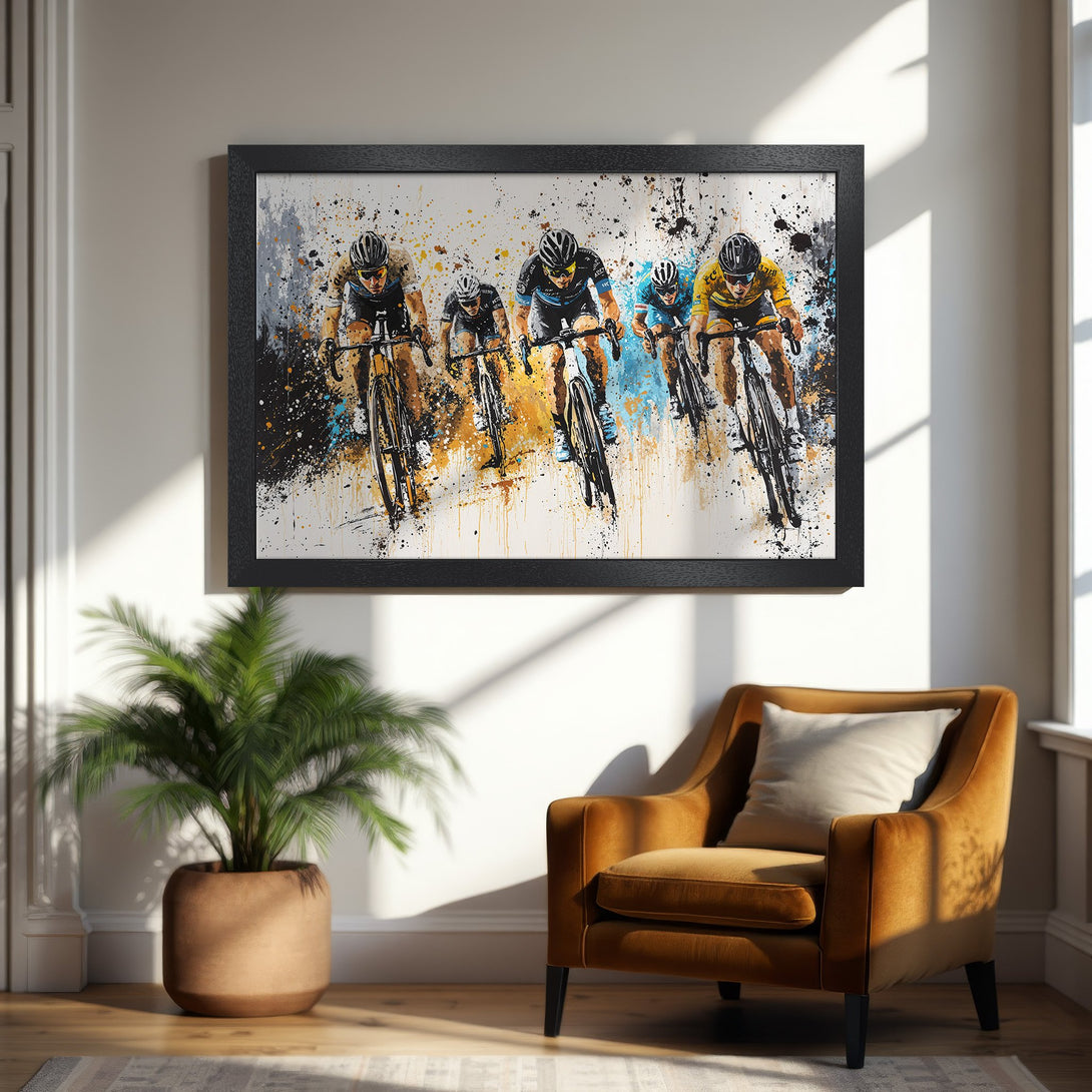 Framed Poster of cyclists in action, abstract style with a vibrant, warm color palette. Perfect wall art for sports fans!