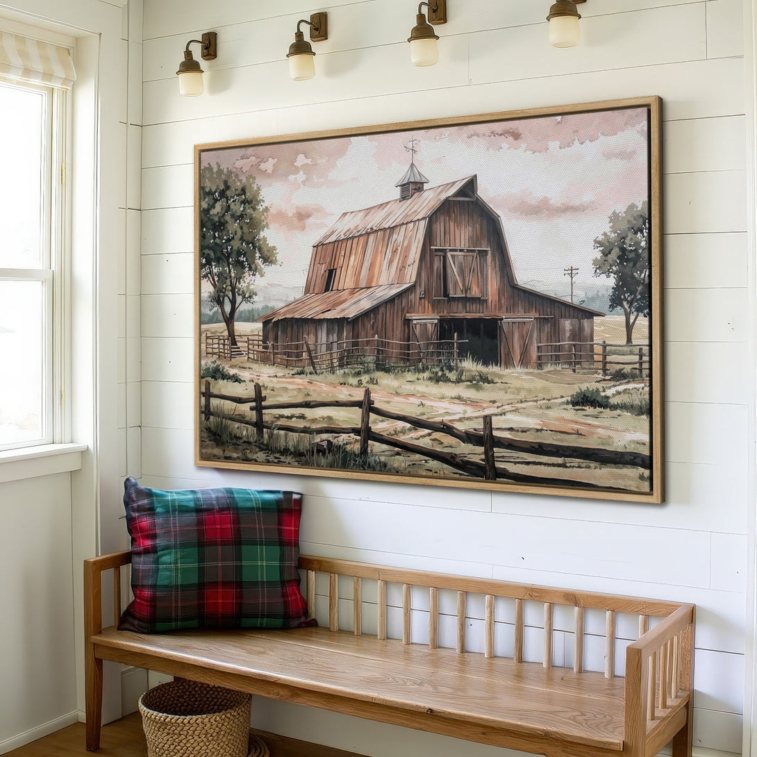Framed Wall Art: Rustic barn painting in warm earth tones. Watercolor style Canvas Print adds farmhouse charm to any space.