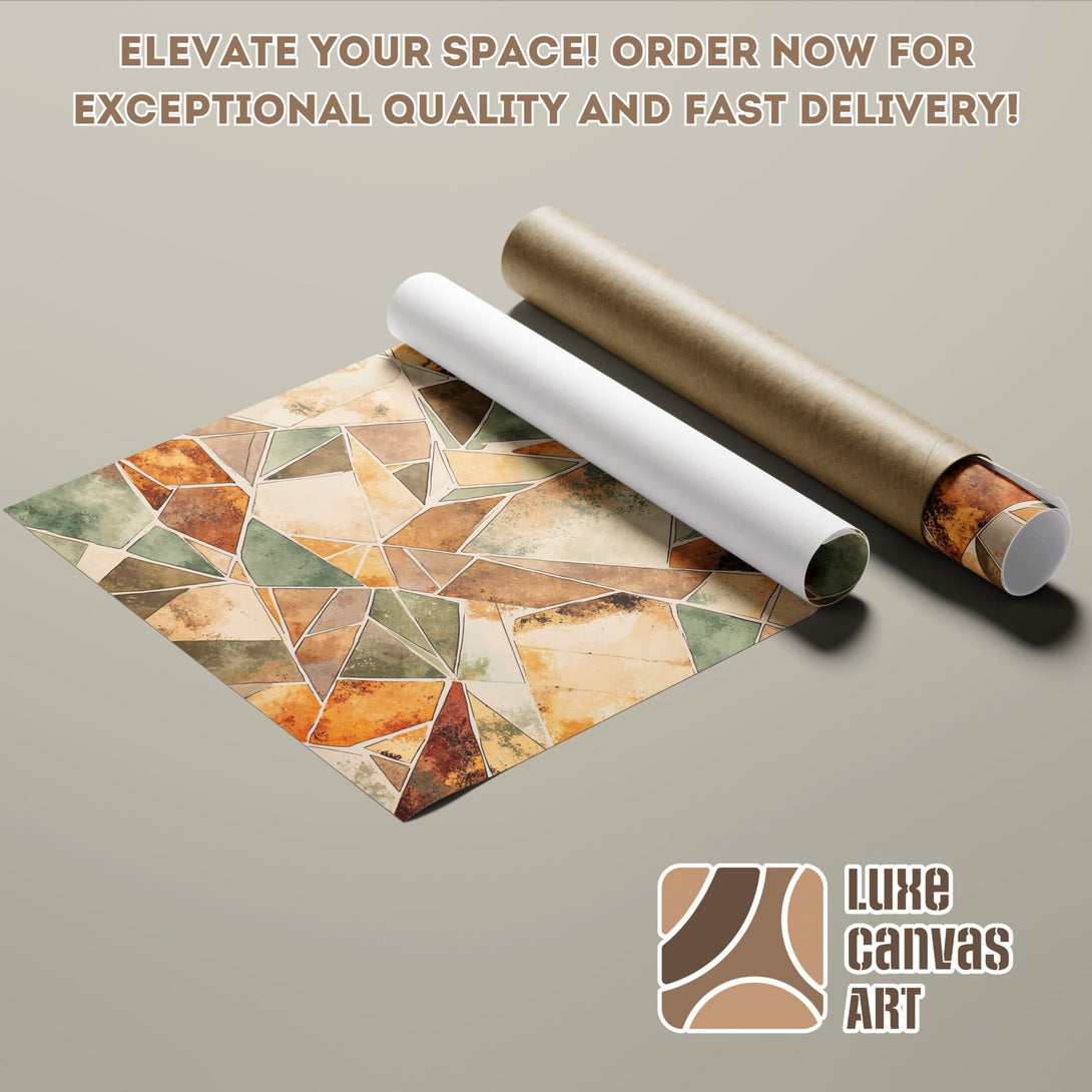 Abstract geometric poster roll in warm earth tones. Elevate your space with Luxe Canvas Art!