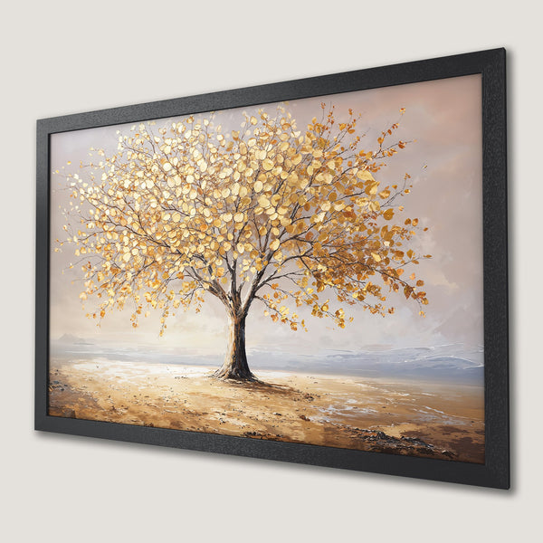 Framed Poster of a golden tree on a beach. Artistic style with warm, earthy tones. Perfect wall art for your home!