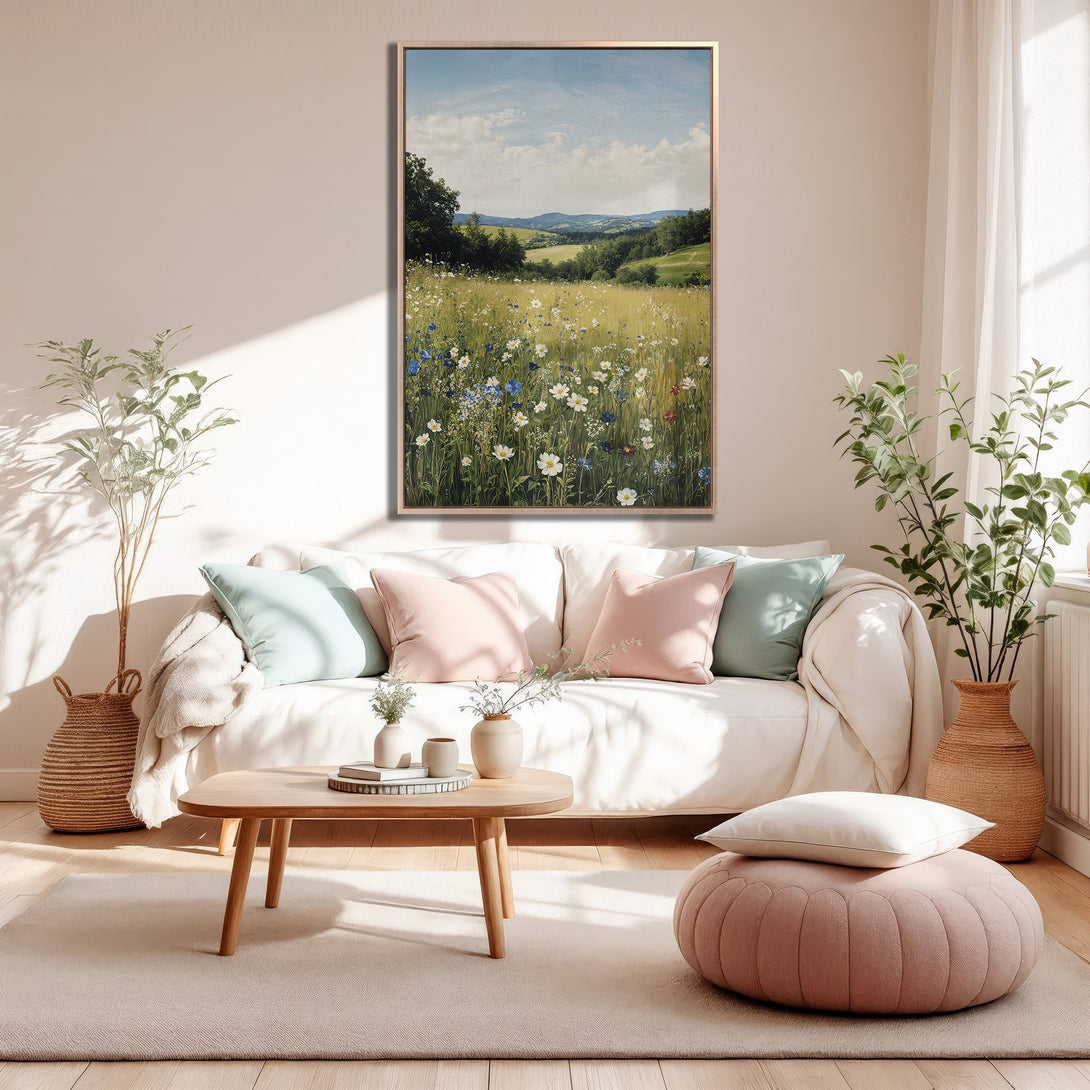 Framed Wall Art: Impressionist landscape canvas print in a warm, neutral interior. Features a field of wildflowers with a soft, pastel color palette.