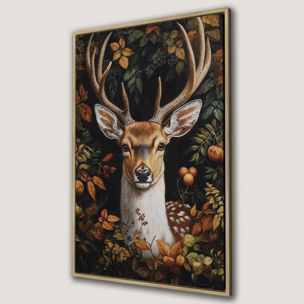 Framed Wall Art featuring a majestic deer in a forest setting. Warm, autumnal color palette with rich browns, greens, and oranges. Perfect for rustic decor.