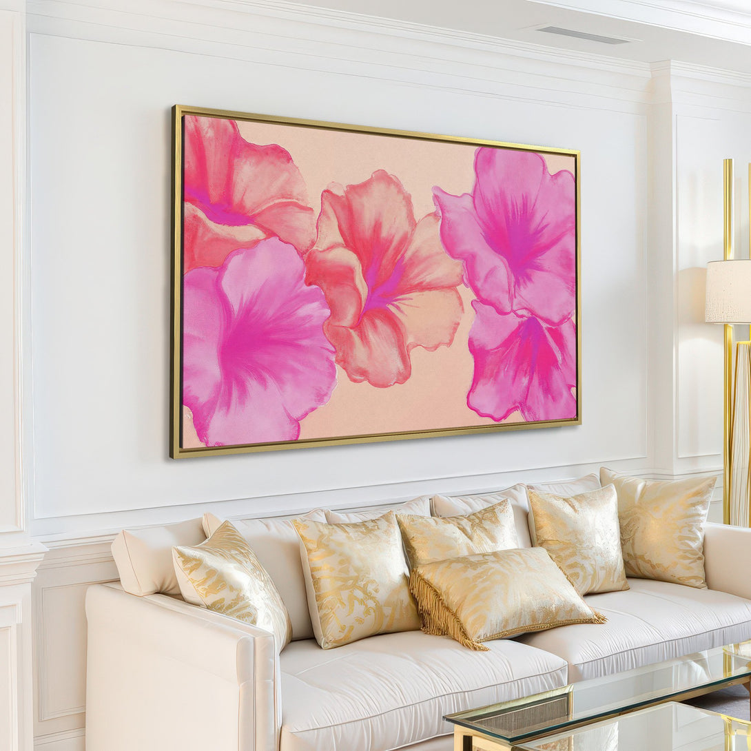 Canvas Print of vibrant pink floral art, perfect for adding a pop of color to any modern living room.